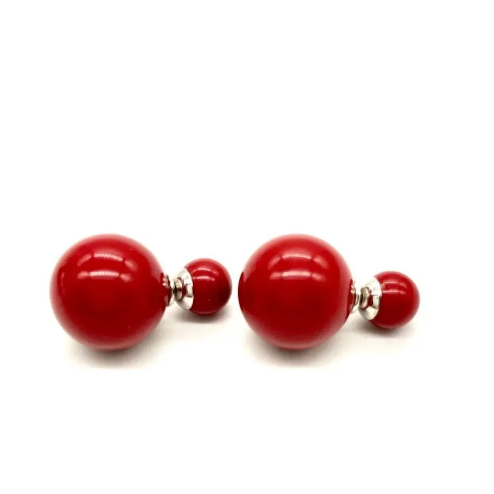Red Coral Double Ball Earringswith 925 Sterling Silver